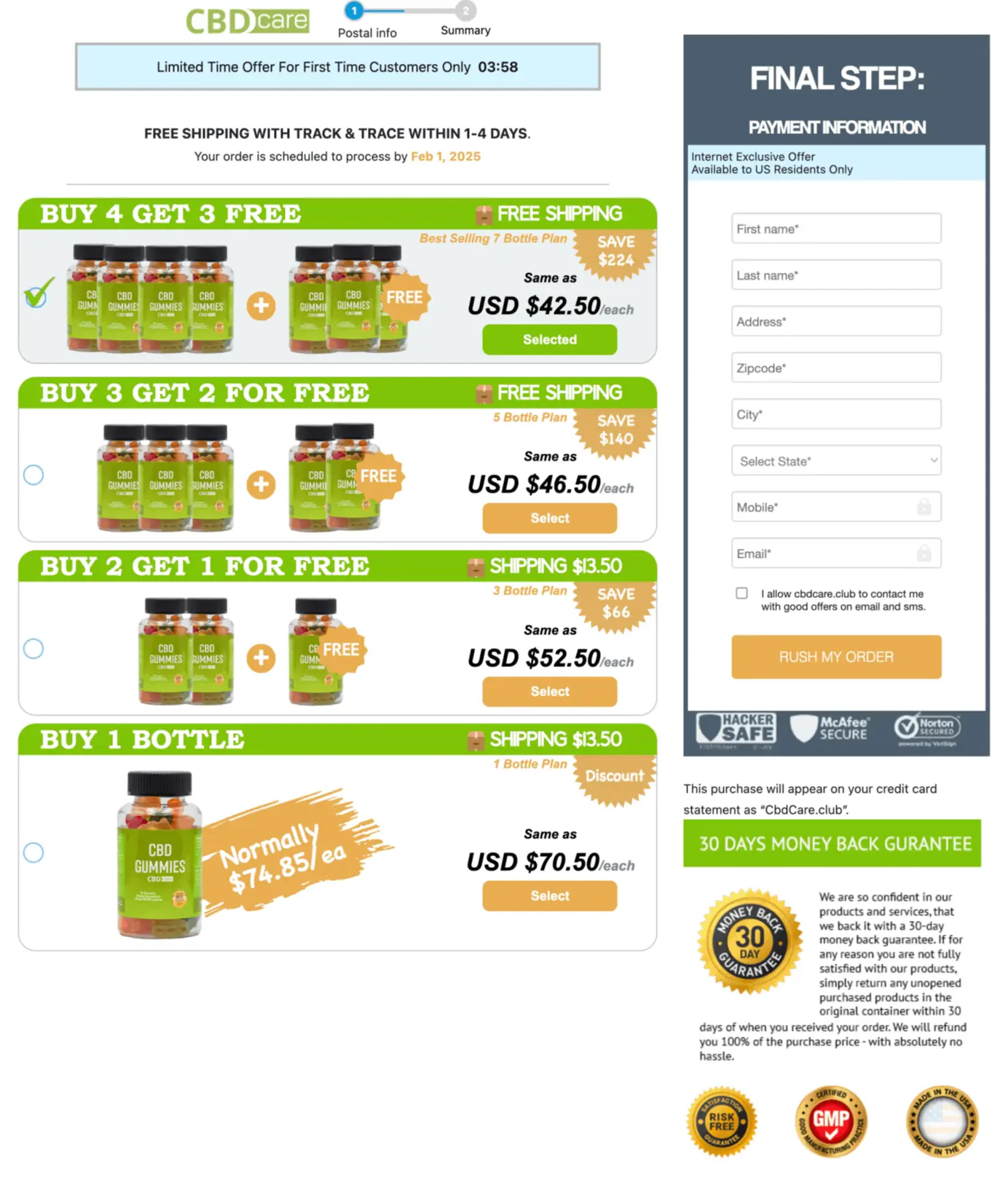 CBD Care Gummies checkout page